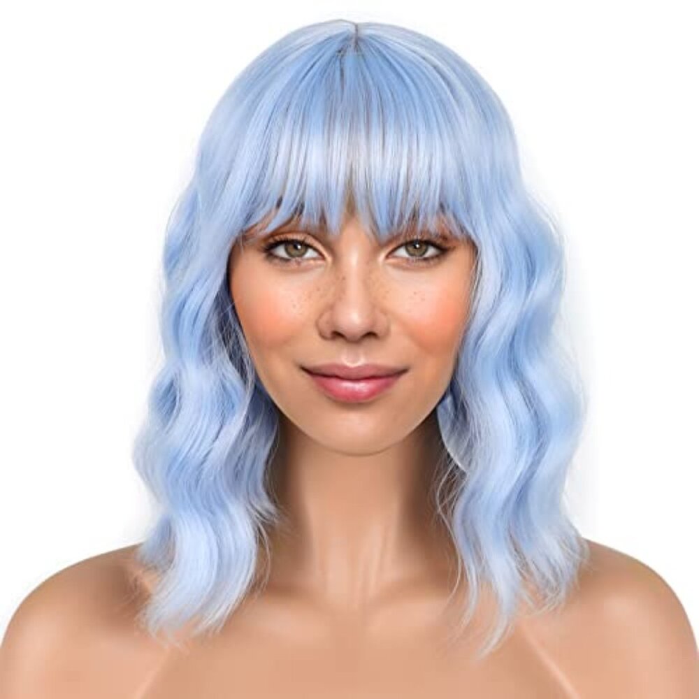 Light blue Short Bob Wigs with Bangs for Women Loose Wavy Hair Shoulder Length W
